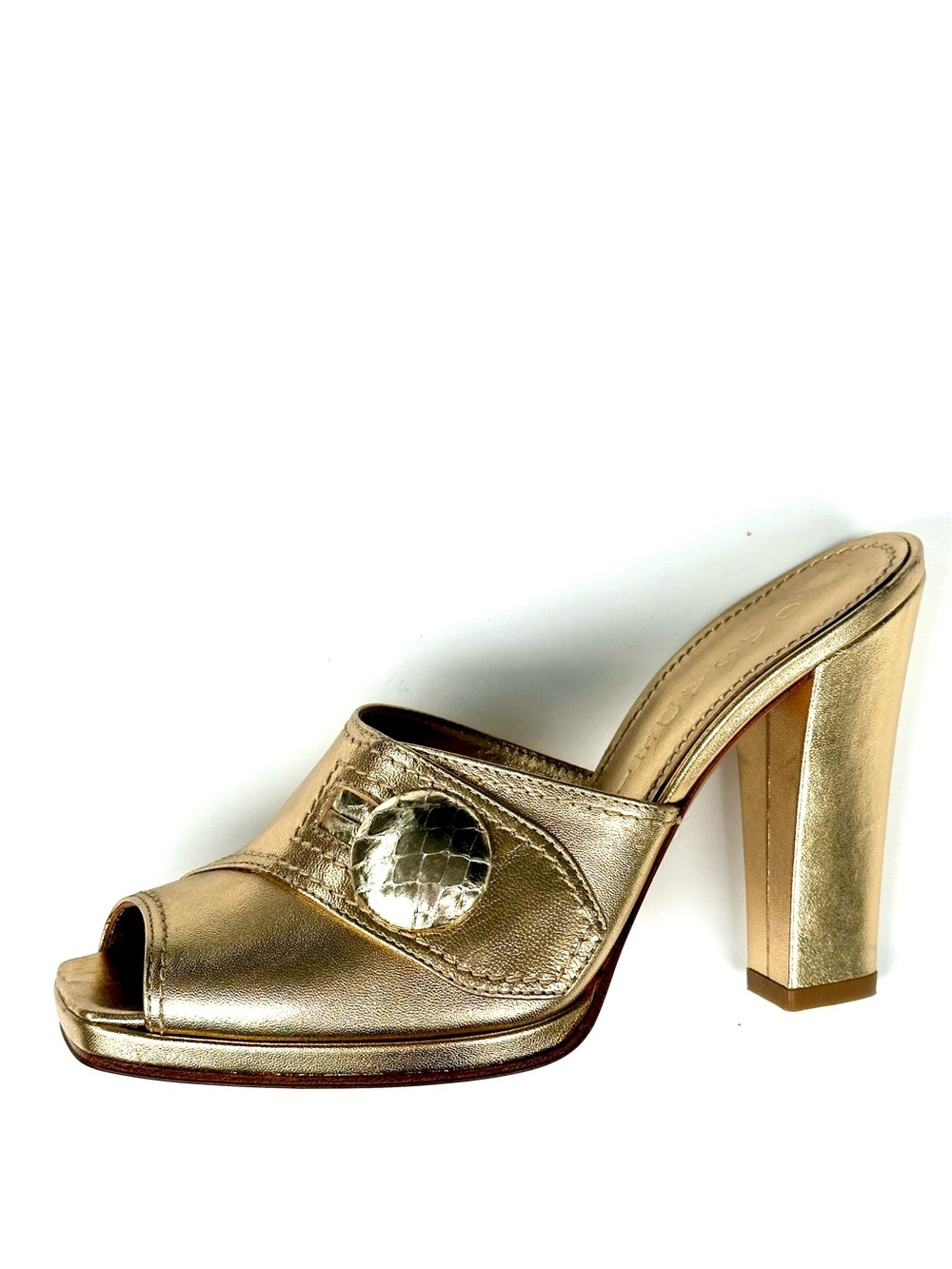 New Casadei Gold Metallic Peep-Toe High Heel Mule Sandals Snakeskin button, 6 B